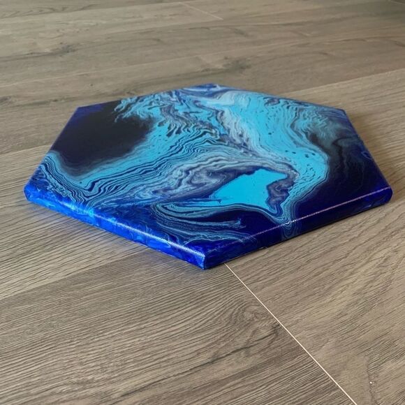 Blue Hexagonal Canvas Acrylic Pour Art - Picture 4 of 5
